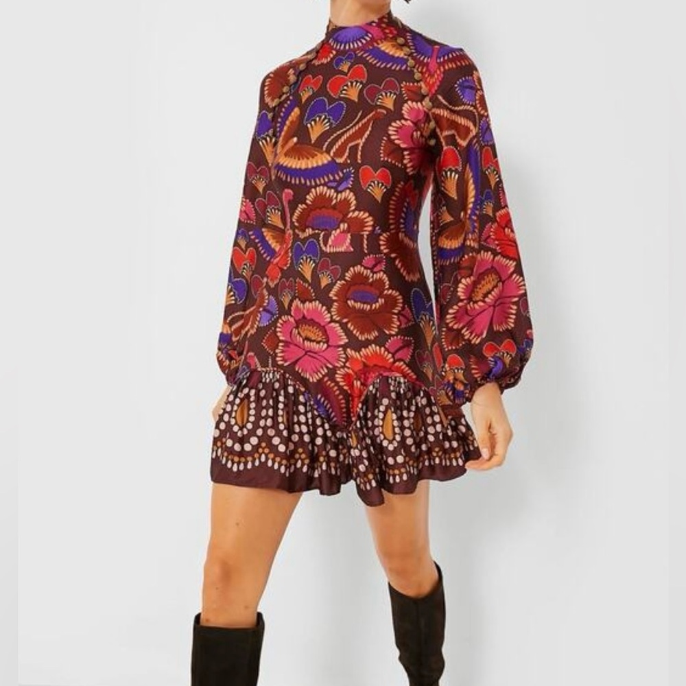 Farm Rio Bright Flora Brown Long Sleeve Mini Dress
